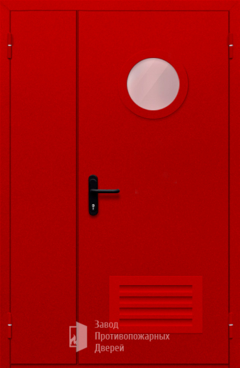 Фото двери «Полуторная с круглым стеклом и решеткой (красная)» в Жуковскому